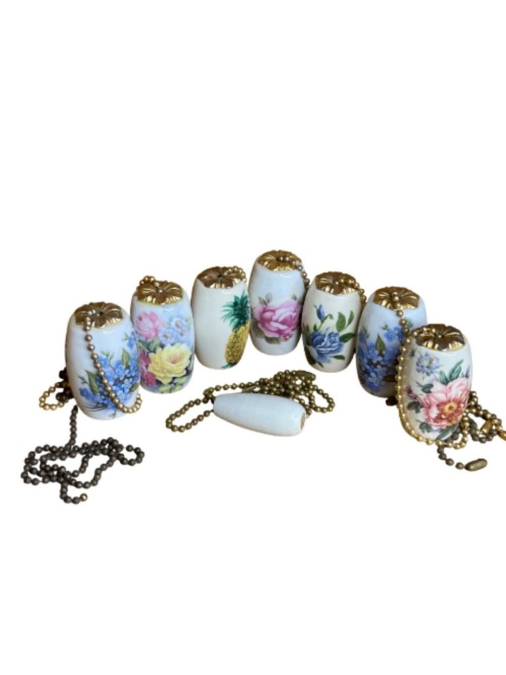 Lot of 7 Vintage Porcelain Ceiling Fan Pulls - Floral & Pineapple Motif / Chains
